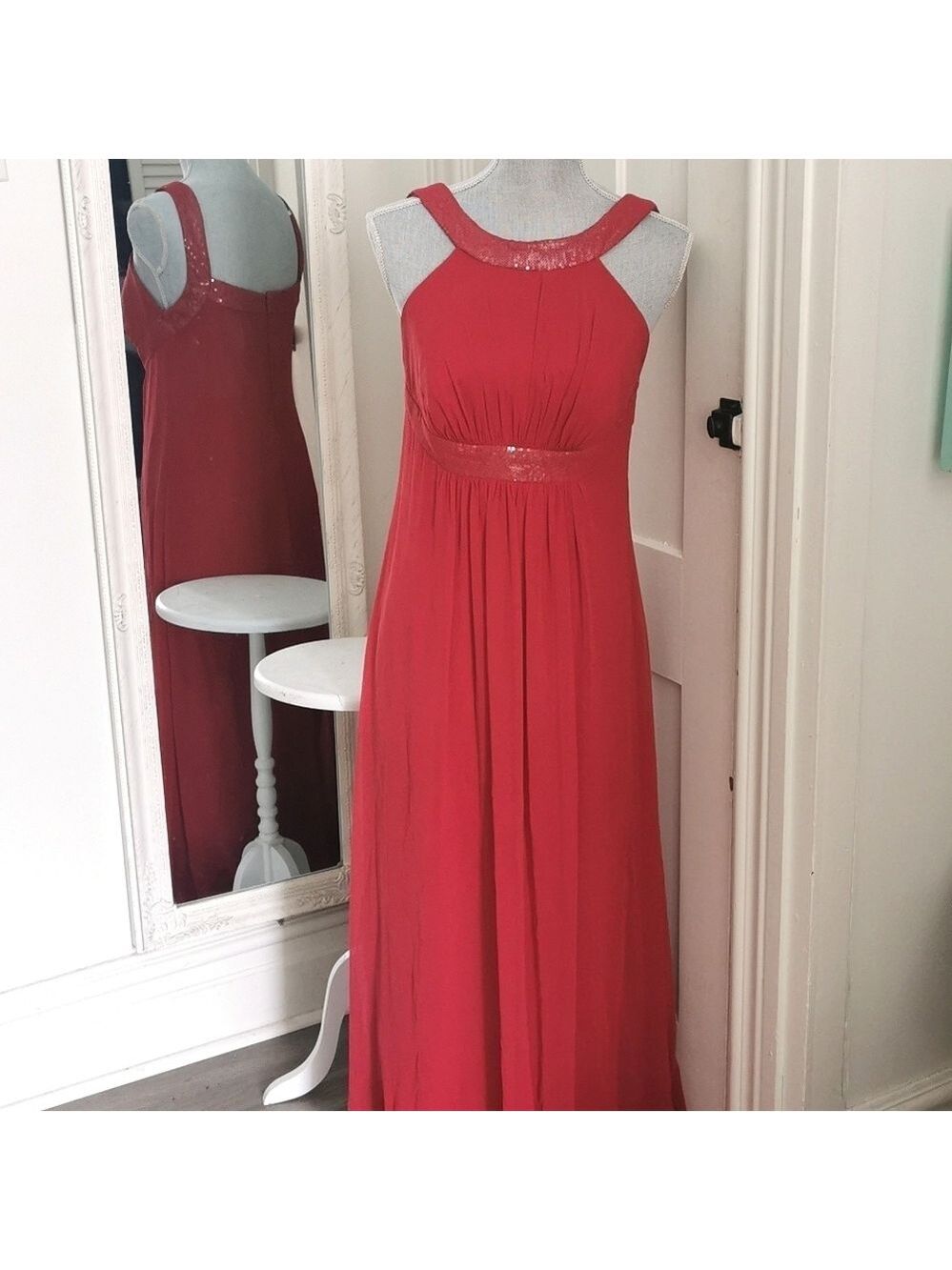 Dessy collection bridesmaid formal dress. Red halter style beaded. Size 6. EUC